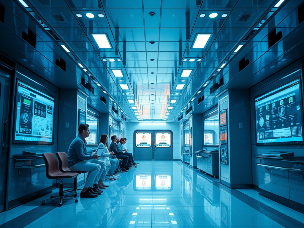 Современный коридор с мониторами и людьми, ожидающими в стильном интерьере. Спокойная синяя гамма.