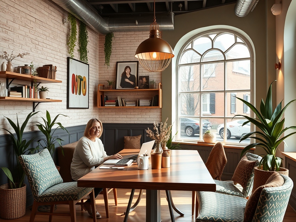 В уютном офисе женщина работает за столом с ноутбуком, окруженная растениями и книжными полками.