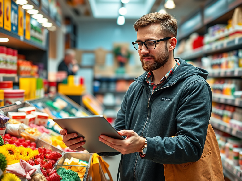 Молодой человек в очках стоит в продуктовом магазине и выбирает товары с помощью планшета.