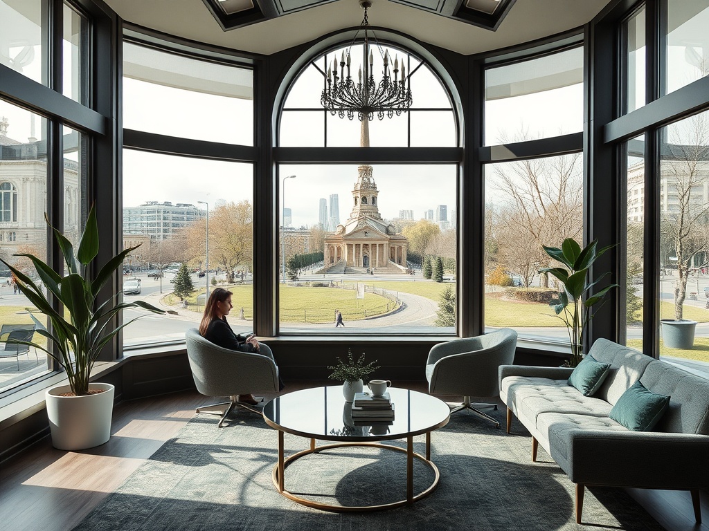 Современное интерьерное пространство с видом на парк и архитектурное сооружение через большие окна.
