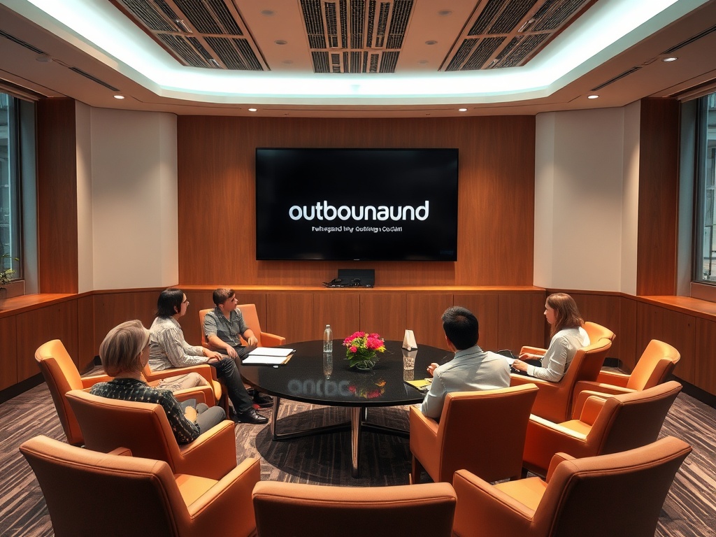 На встрече в современном офисе группа обсуждает идеи, на экране логотип компании.