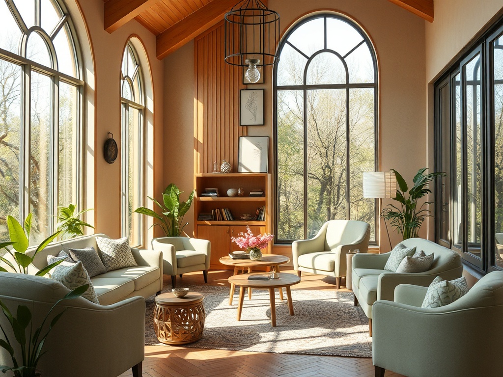 Светлая гостиная с большими окнами, уютной мебелью и зелеными растениями, создающая атмосферу уюта.