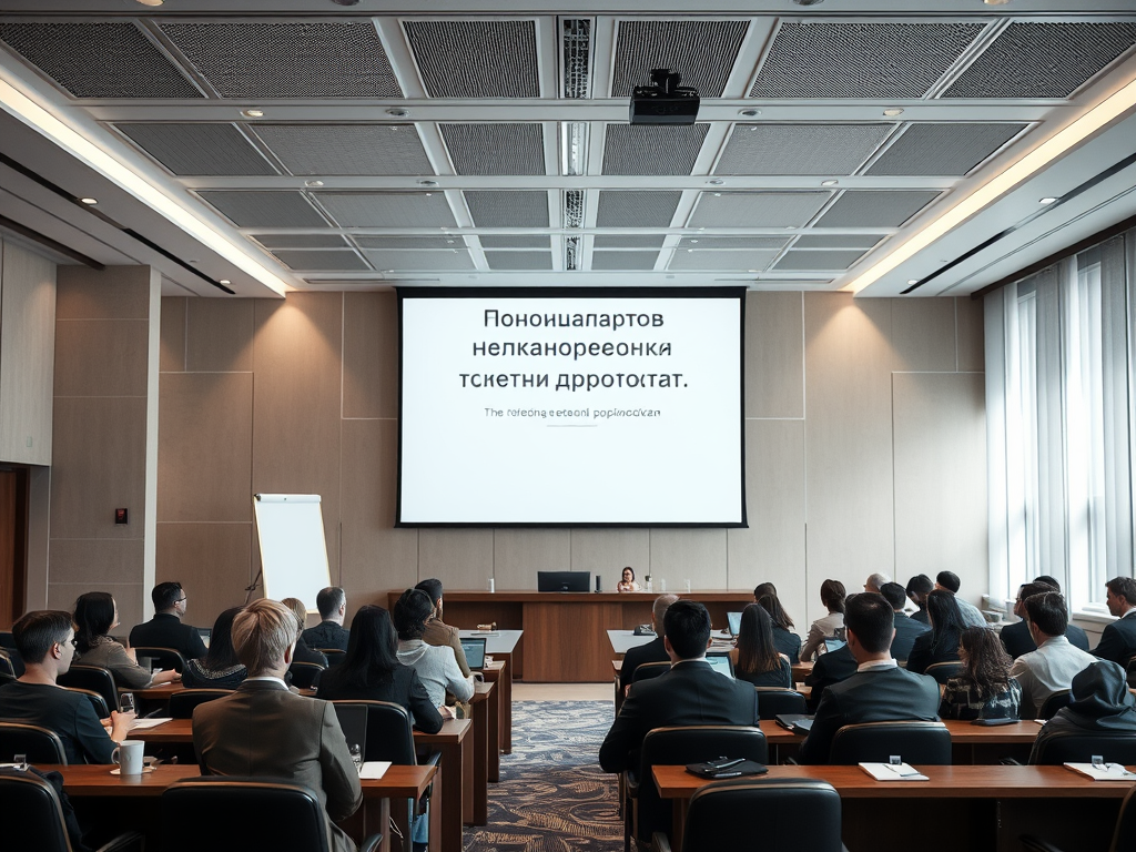 На конференции. Спикер на сцене, участники слушают презентацию на экране.