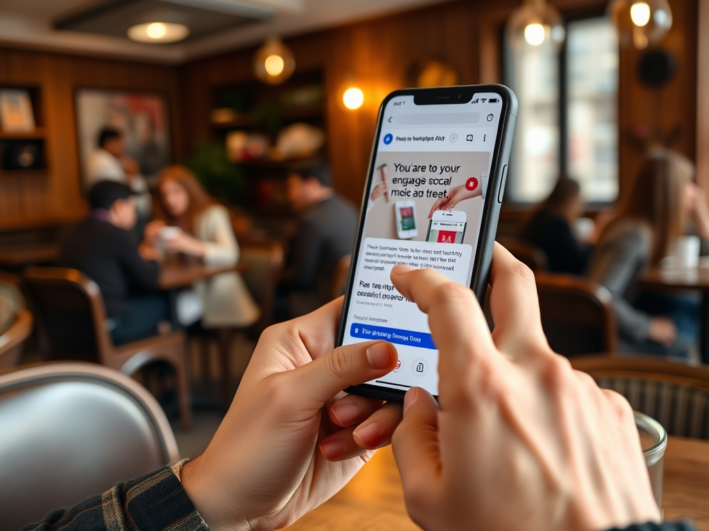 На изображении видно, как человек использует телефон для просмотра социальных медиа в кафе.