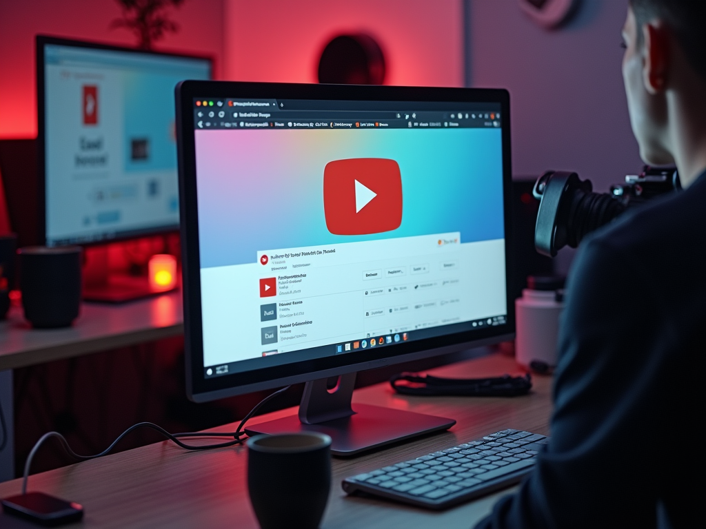 Человек работает за компьютером с открытым видеохостингом YouTube на экране в освещенном красным светом офисе.