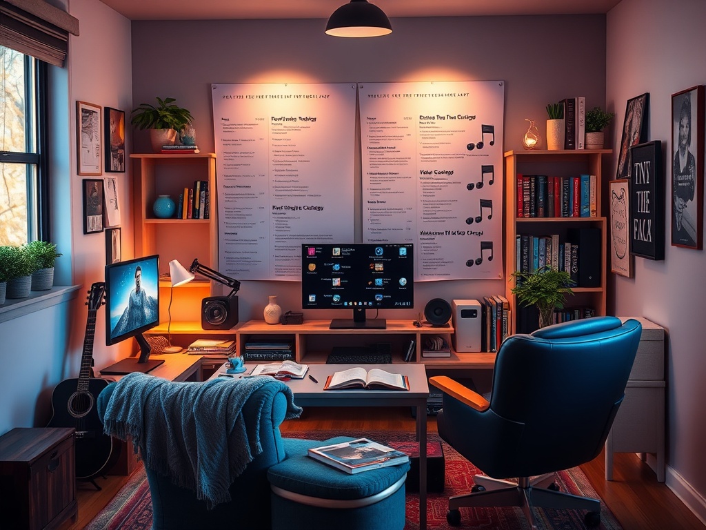 Современный домашний офис с компьютером, книгами и декоративными растениями. Уютная атмосфера.