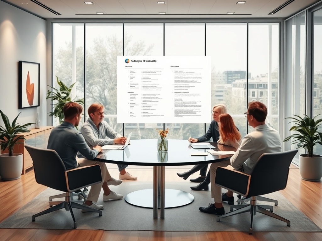 На совещании группа людей обсуждает документы в современном офисе с окном и растениями.